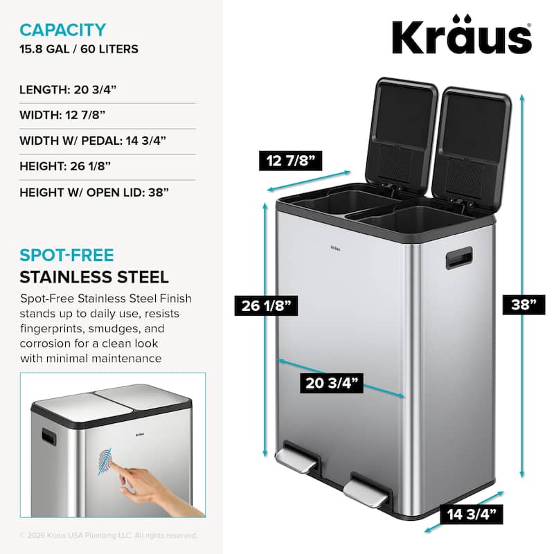 KRAUS WasteGuard 15.8 G 60 L Dual Compartment Pedal Kitchen Trash Can