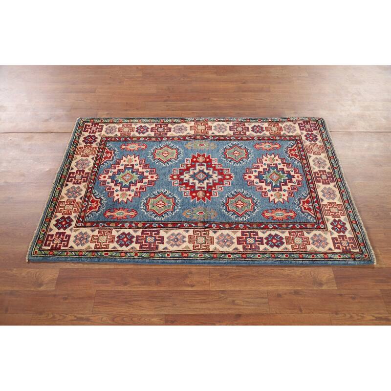 Blue Kazak Foyer Rug Handmade Geometric Wool Handmade Wool Carpet - 2'9" x 4'2"