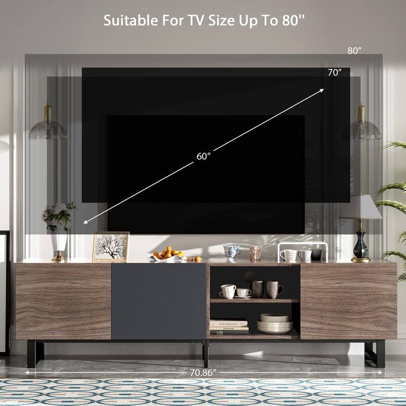 Modern TV with 3 Cabinets& Open Shelves, Media Console Table for TVs up to 80", Entertainment Center with Drop Down Door