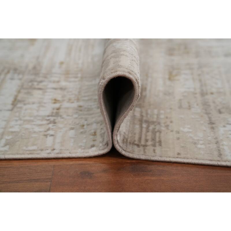 Machine Made Oriental Polyester Carpet Abstract Beige & Ivories Distressed Area Rug - 7' 5'' X 5' 2''
