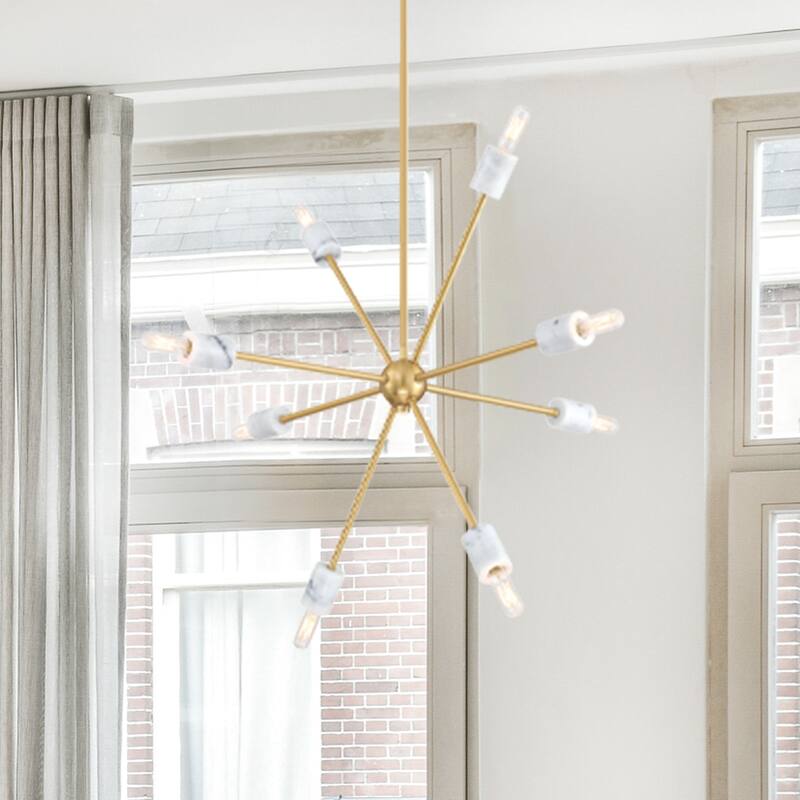 Star Dust 8-Light Brushed Gold with Natural Marble Accents Mid-Century Modern Sputnik Chandelier for Dining Rooms - 28