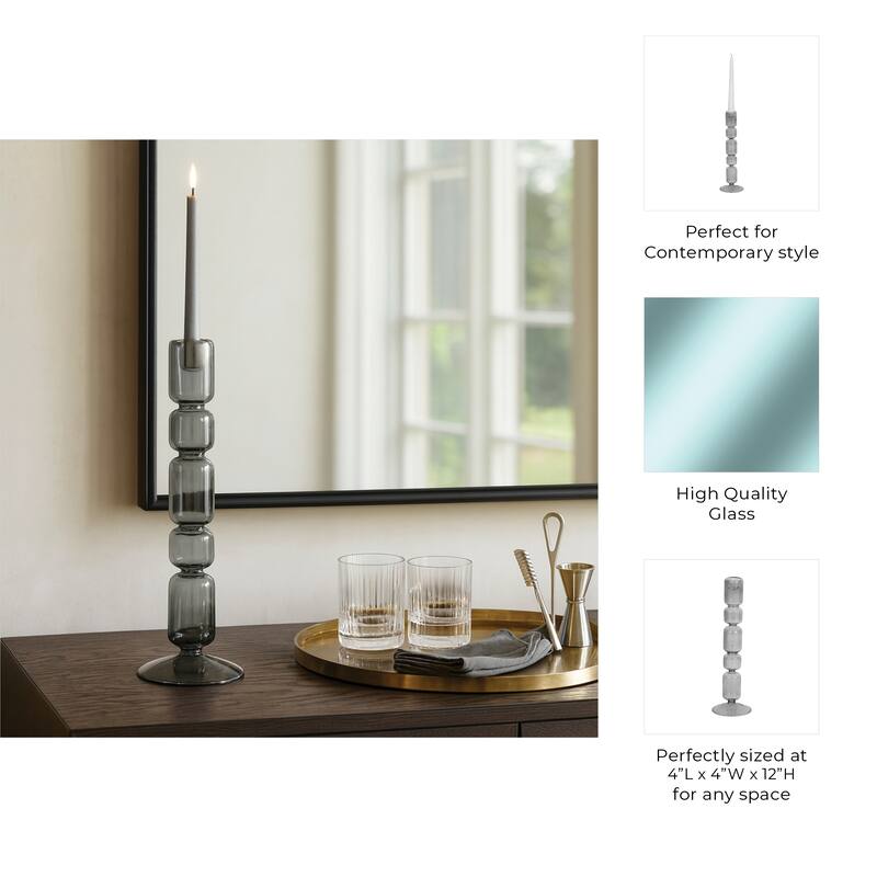 Modern Candle Holder with Stacked Sculptural Glass Base - Smoke