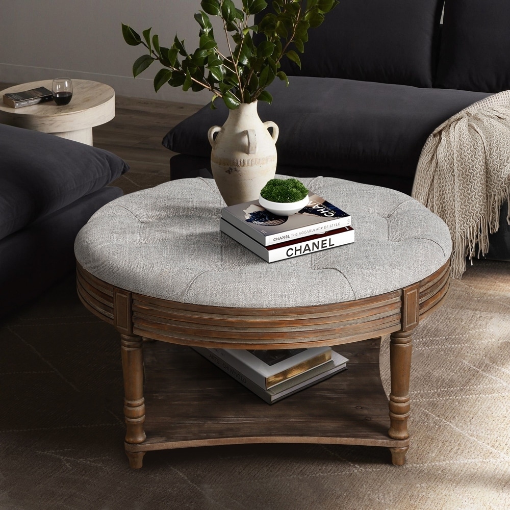 Ottoman Coffee Table 2 Tier Oversized Button Tufted Ottoman with Wooden Shelf Storage