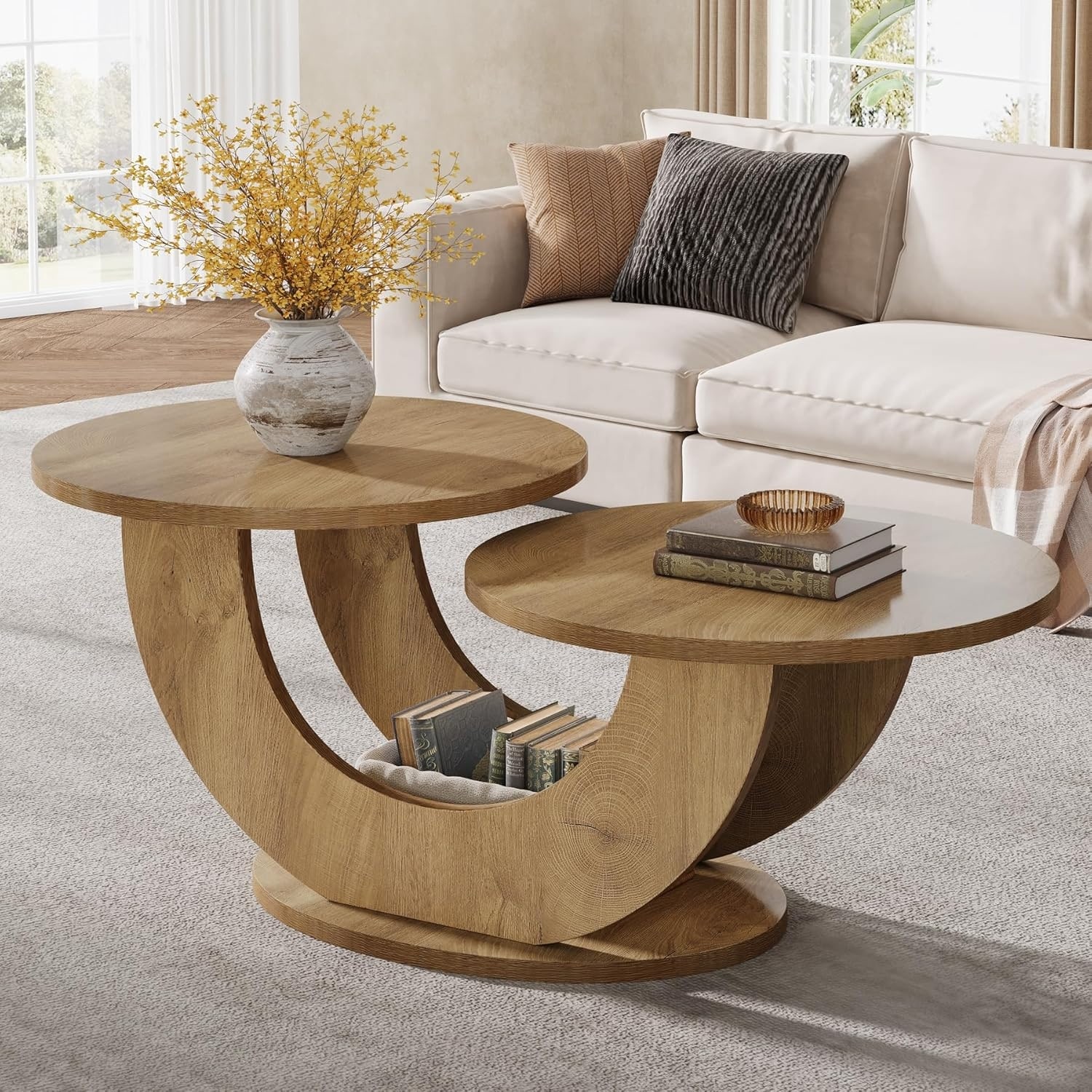 45.3" Round Wood Coffee Tables for Living Room, 2-Tier U-Shaped Farmhouse Center Table, Double Tabletop