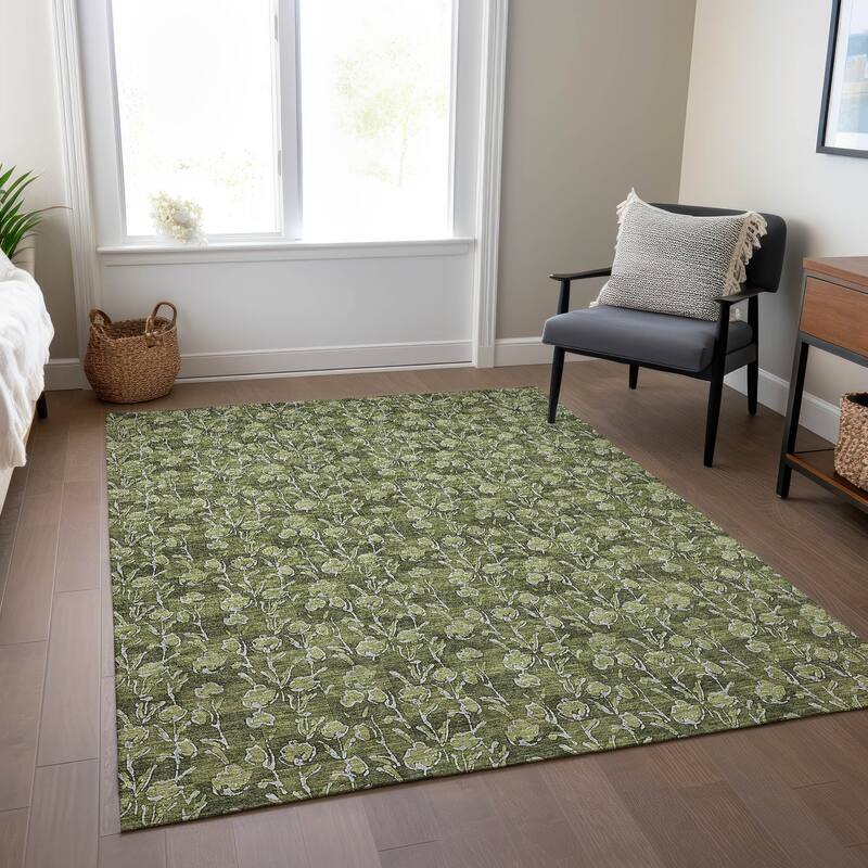 Machine Washable Indoor/ Outdoor Chantille Modern Floral Impressions Rug - Olive - 9' x 12'