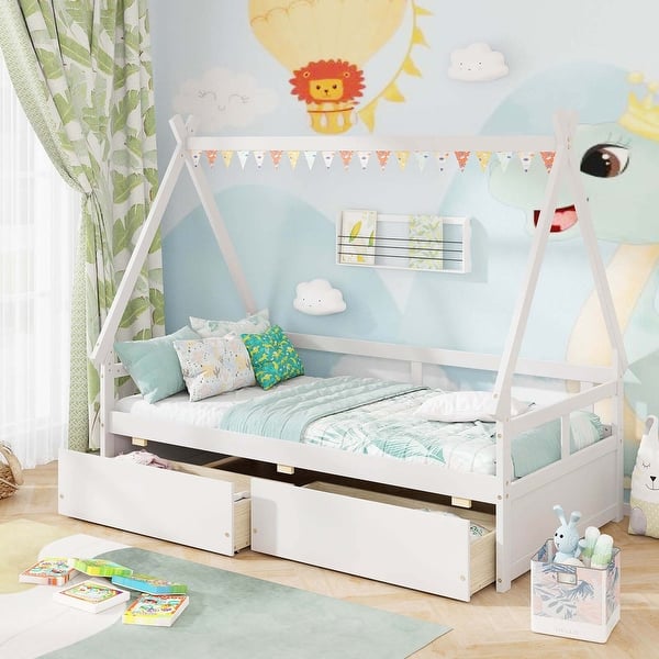 slide 2 of 20, Costway Twin Size House Bed with Roof Safety Guardrail 2 Storage