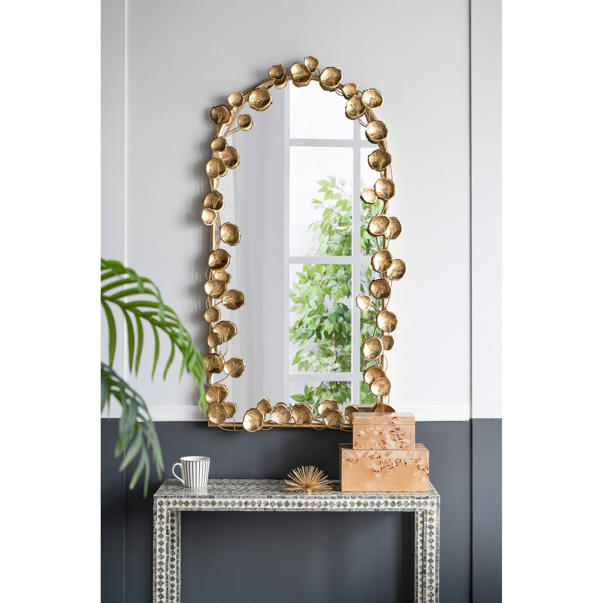 51.5" x 29" Full Length Arched Wall Mirror with Golden Leaf Accents - Gold