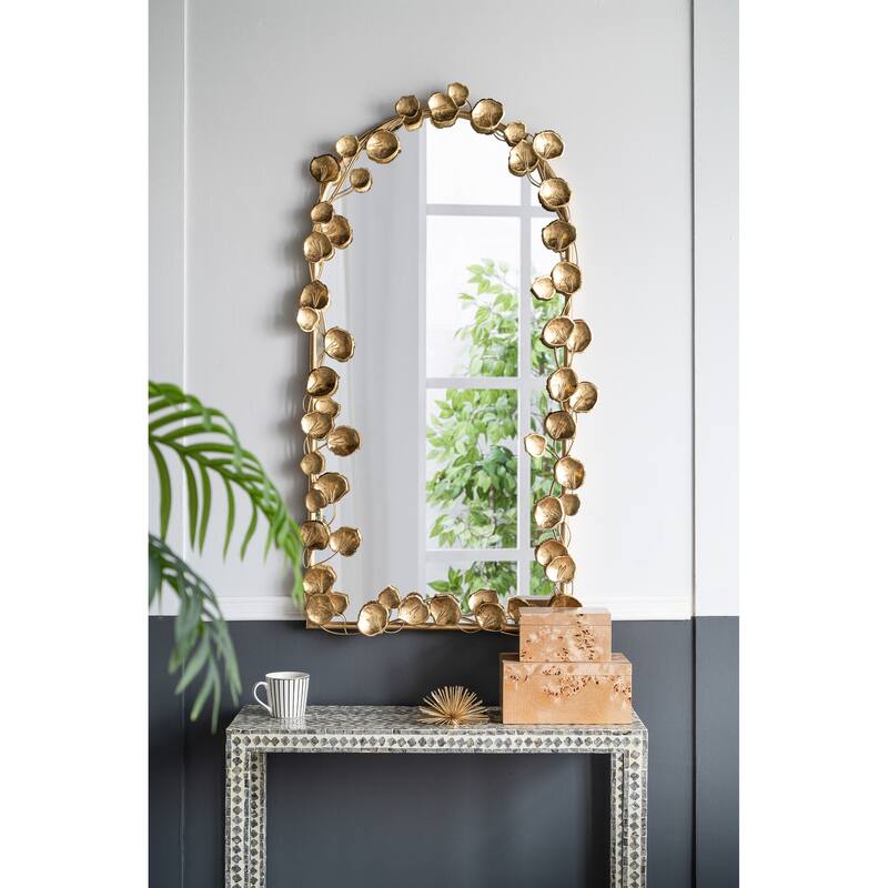 Full Length Arched Wall Decorative Mirror with Golden Leaf Accents - Gold
