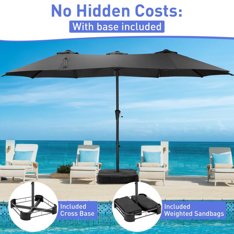Ainfox 10ft Solar Patio Umbrella 40 LED Lighted and Umbrella Base, Strip Lights Outdoor Market Table Umbrella