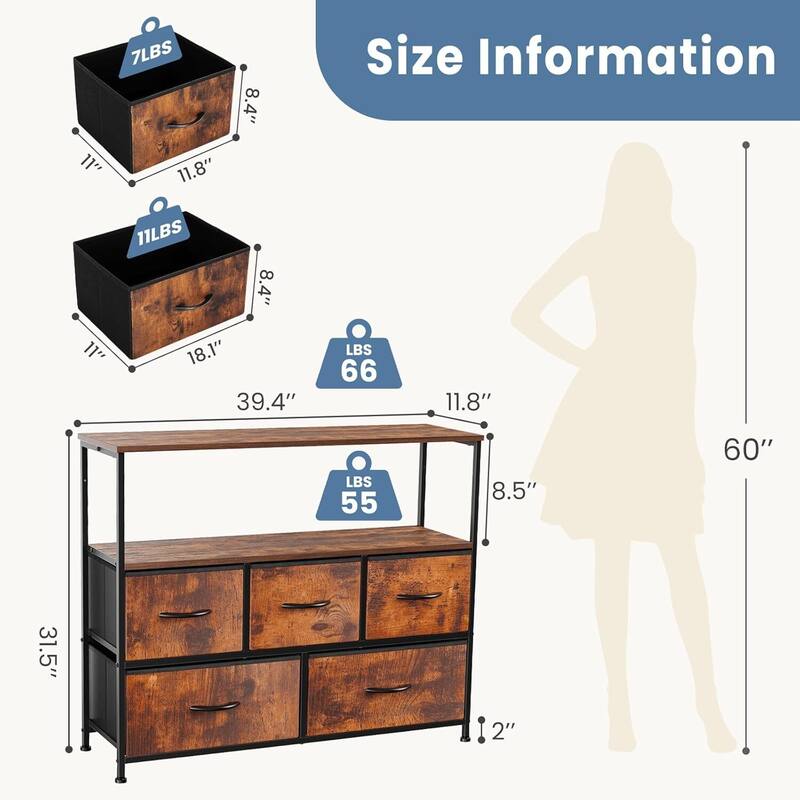 Modern 5 Fabric Drawer 11.8 in. Wide Chest of Drawers with Open Shelf & TV Stand for 45 Inch TV Living Room