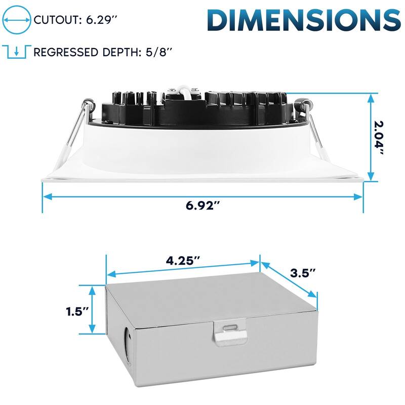 Luxrite 6" Square LED Recessed Ceiling Light J-Box 18W 5 Color Selectable 1800LM Dimmable Wet Rated IC Rated ETL - 1 Pack