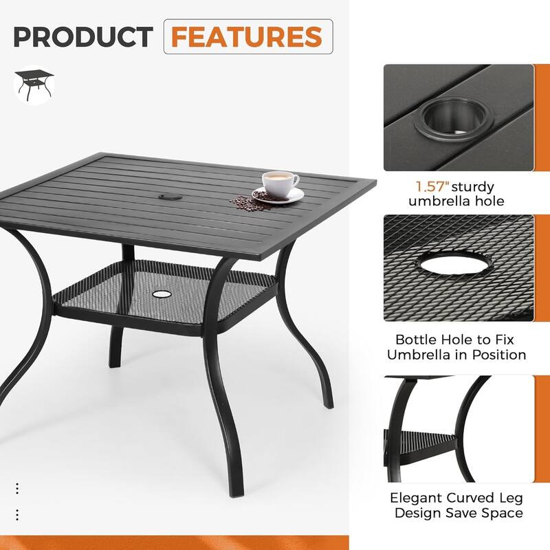 37" Black Square Rectangular Outdoor Patio Metal Steel Slatted Dining Table with Umbrella Hole
