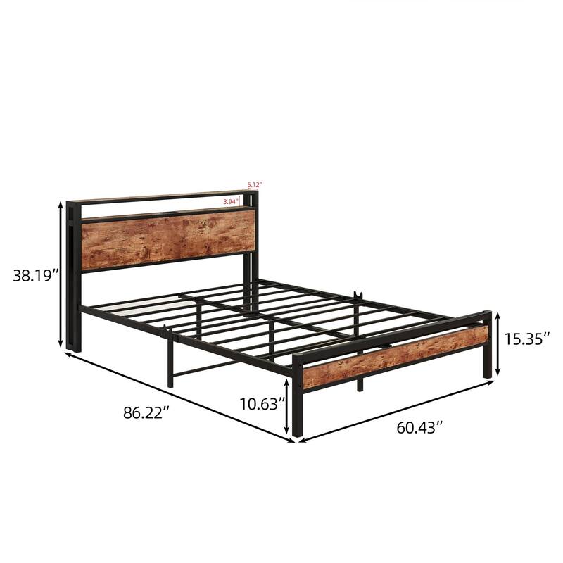 Queen Bed Frame with Headboard/Charging Station,Metal Queen Bed Frame with Power Outlets/USB Ports,Under Bed Storage