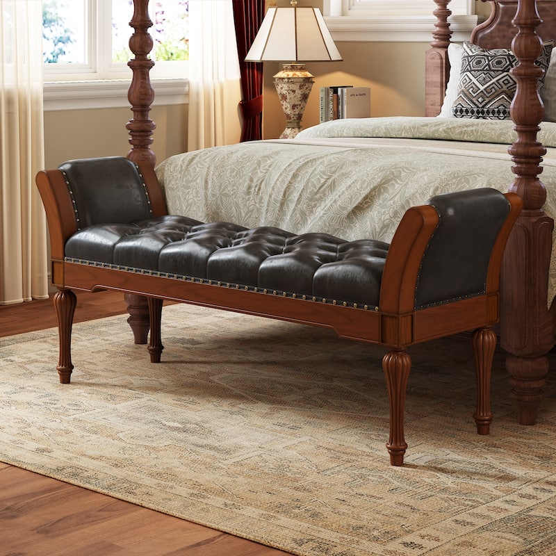 Christopher Knight Home - Mid-Century Classic Sleek Button-Tufted PU Leather Upholstered End-of-Bed Bench with Rolled Arms - Brown