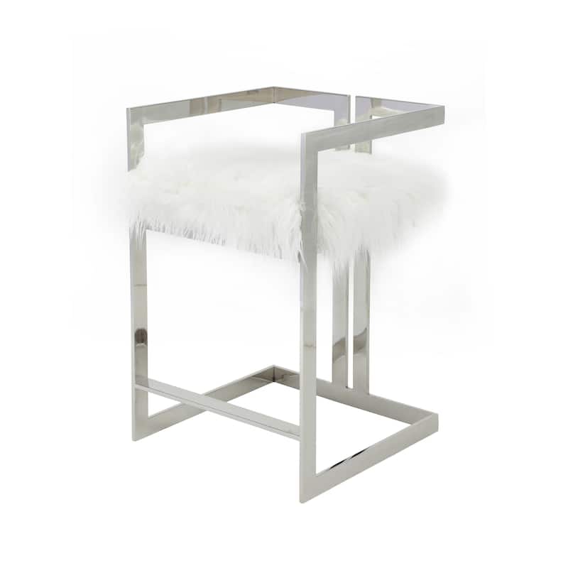 Suki 26 Inch Counter Stool Chair, White Faux Fur, Silver Stainless Steel