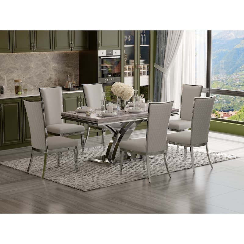 Luxury Dining Table Set with PU Leather Dining Chairs - Mirrored Silver - Table with 6 Chairs