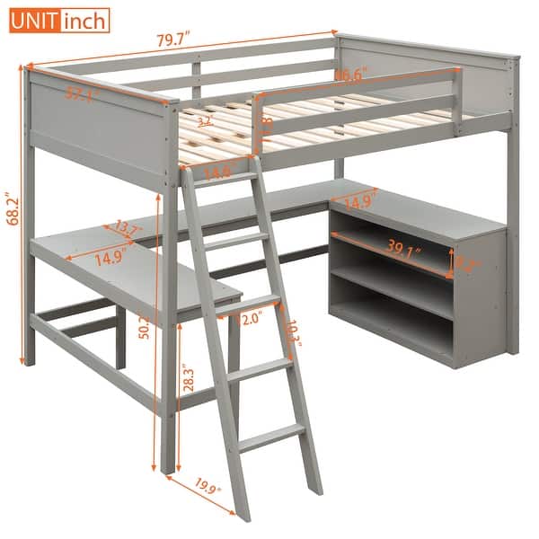 dimension image slide 1 of 3, Full Size Wooden Loft Bed with Desk and Shelves, Space-Saving Design