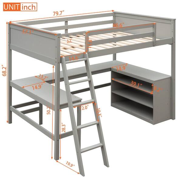 Full size Loft Bed with Shelves and L-shape Desk, Grey