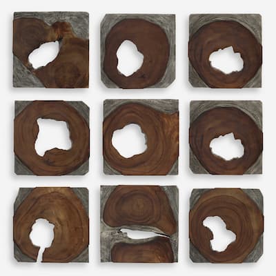 Handcrafted Paneled Wood Wall Art - 16" - Brown and Black - Set of 9