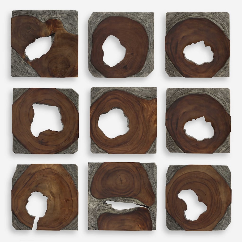 Handcrafted Paneled Wood Wall Art - 16" - Brown and Black - Set of 9