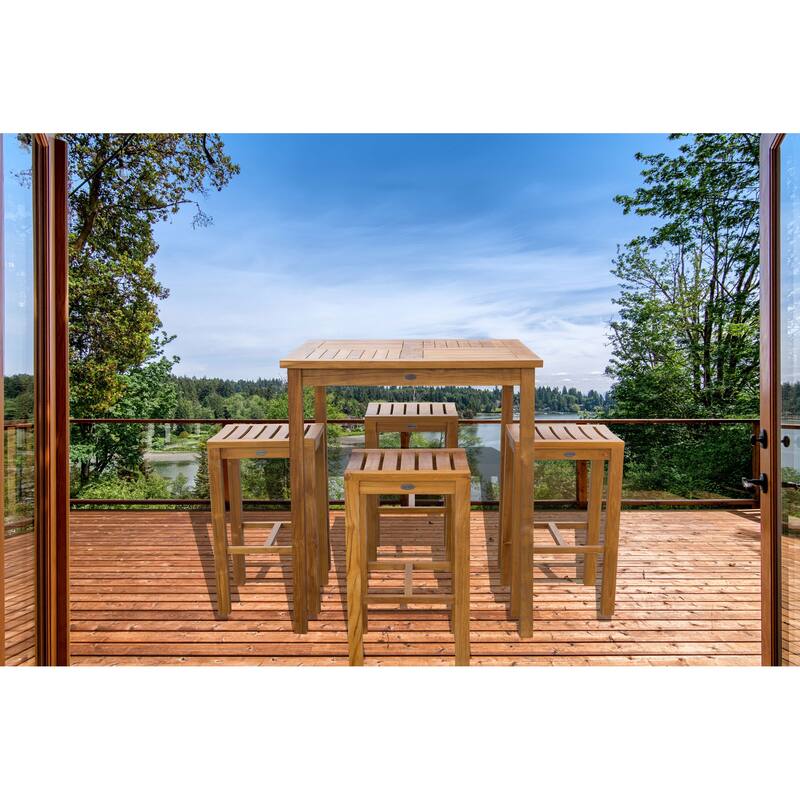 Chic Teak 5 Piece Teak Wood Havana Patio Bistro Bar Set with 35" Square Table & 4 Barstools