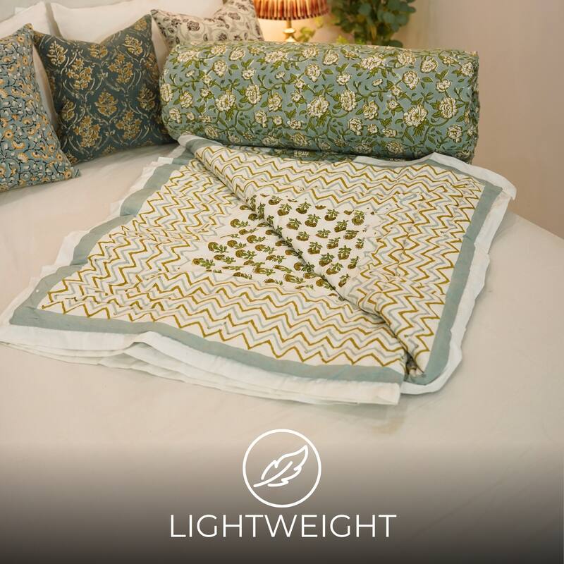 Fabdivine Hand Block Print Blue Green Floral Organic Cotton Quilt - Natural Boho Decorative Bedding, Reversible Handmade Design