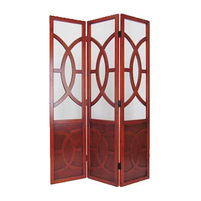 3 Panel Wooden Frame Screen with Interconnected Cut Out, Cherry Brown