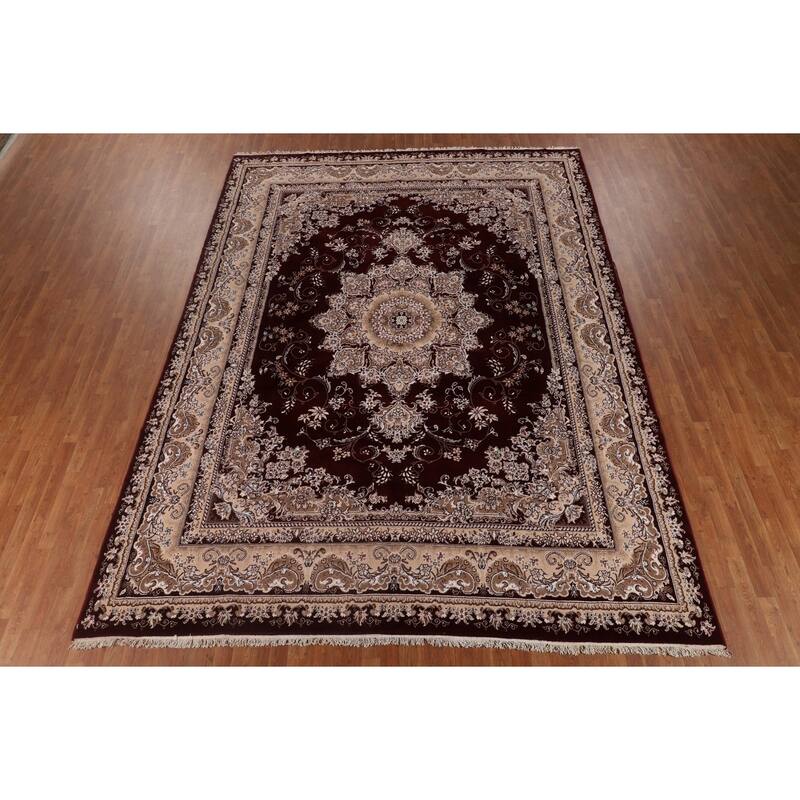 Burgundy Medallion Tabriz Area Rug Machine Made Carpet - 9'9" x 13'2"