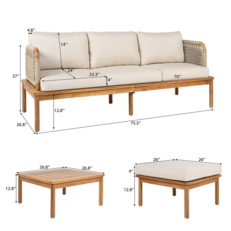 Roomfitters 3-Piece Outdoor Patio Sofa Set with Acacia Wood and Rope Accents, Cushioned Seating and Coffee Table, Beige