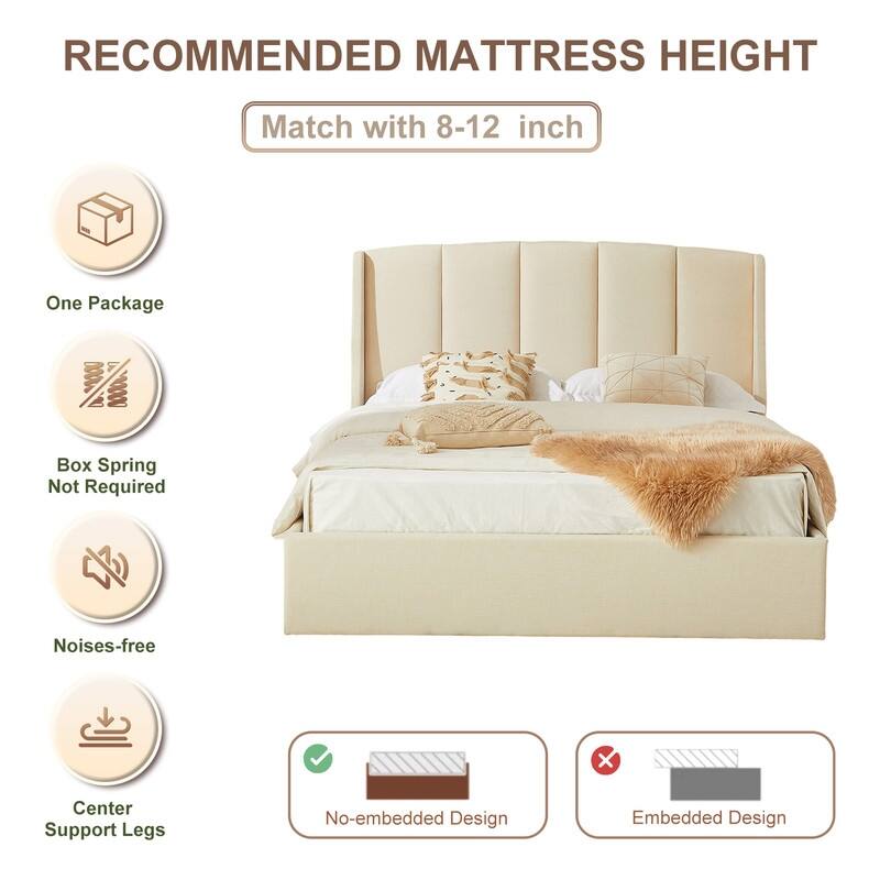 Linen Wingback Hydraulic Lift Up Storage Upholstered Platform Bed