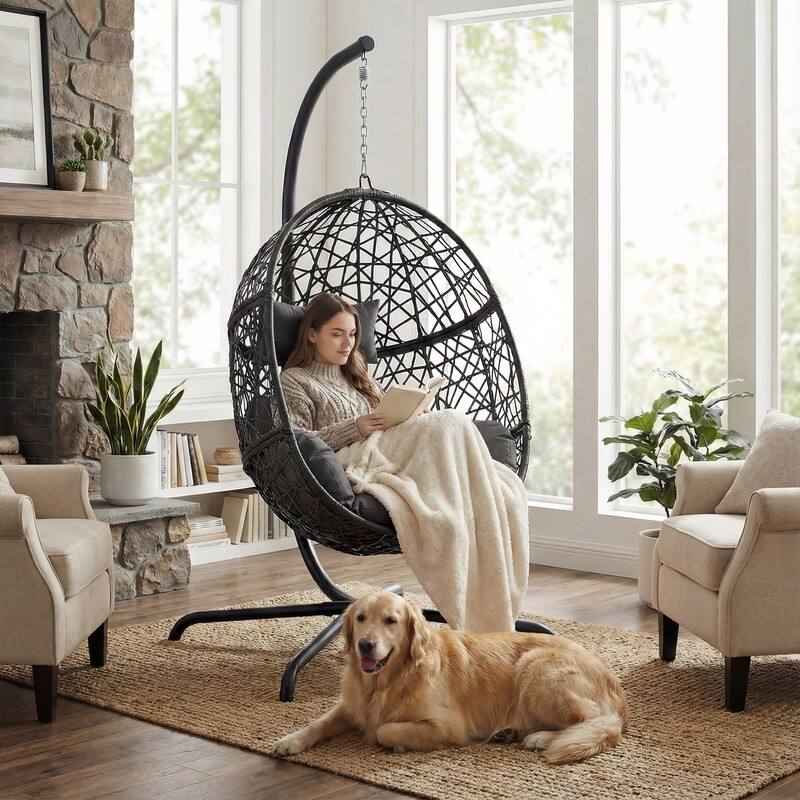 Extra Large Egg Chair with Stand, 450 lbs Capacity Hanging Basket Chair, Indoor/Outdoor Wicker Nest Swing Chair with Cushions