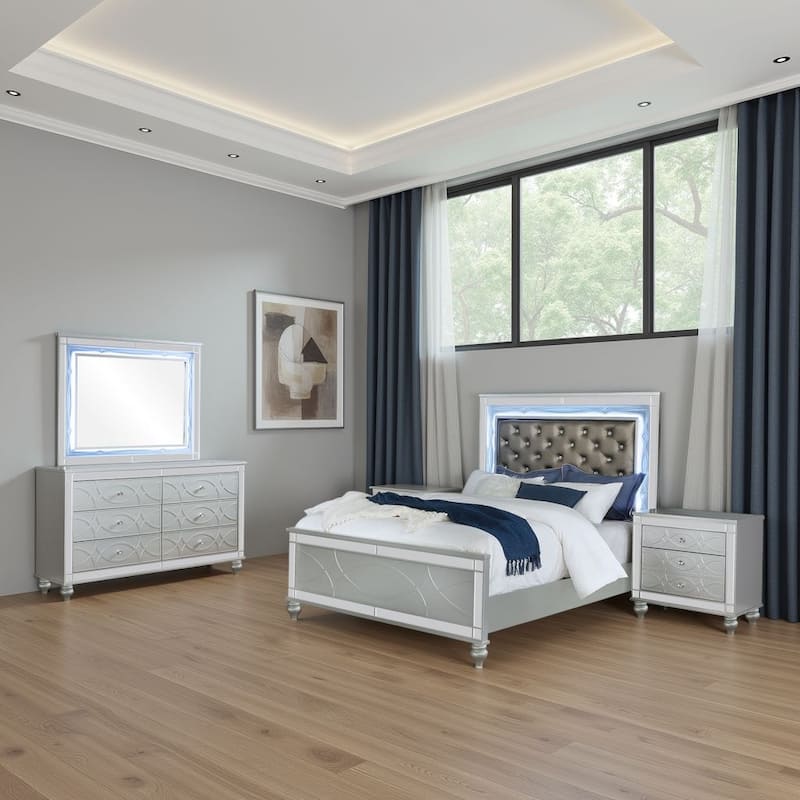 Gina 4pc Queen Bedroom Set, Silver Gray Faux Leather, LED Lights