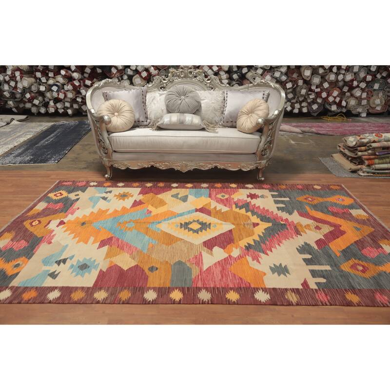 Hand Woven Oriental 100% Wool Carpet Southwestern Tribal Multi-Colored Kilim Area Rug - 9' 10'' X 6' 6''