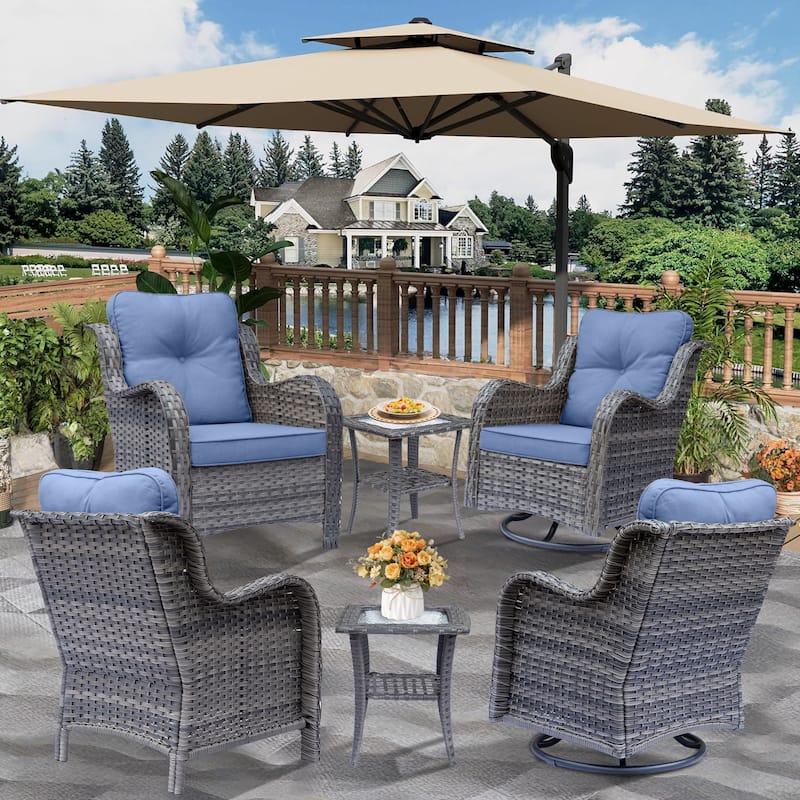 6 Piece Gray Wicker Rattan Outdoor Patio Conversation Swivel Chair Set - Denim Blue