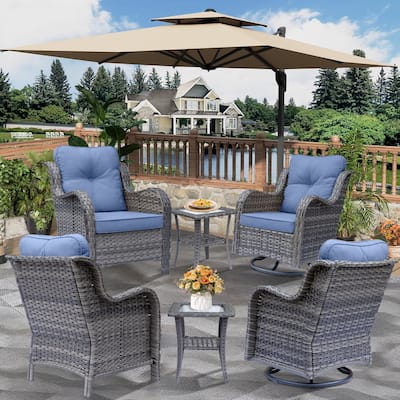 6 Piece Gray Wicker Rattan Outdoor Patio Conversation Swivel Chair Set