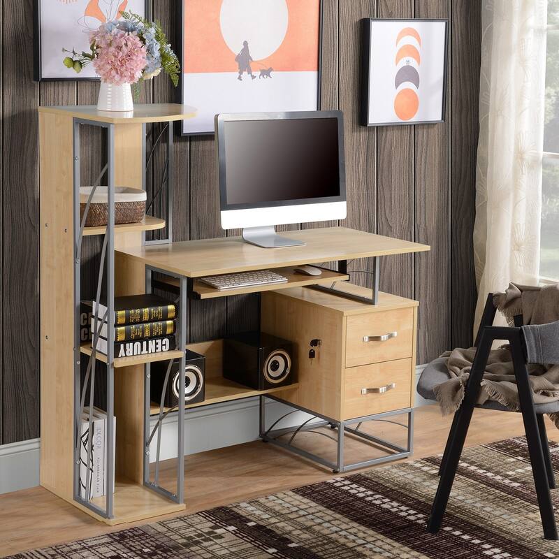 Modern Computer Desk with 4-Tier Bookshelf