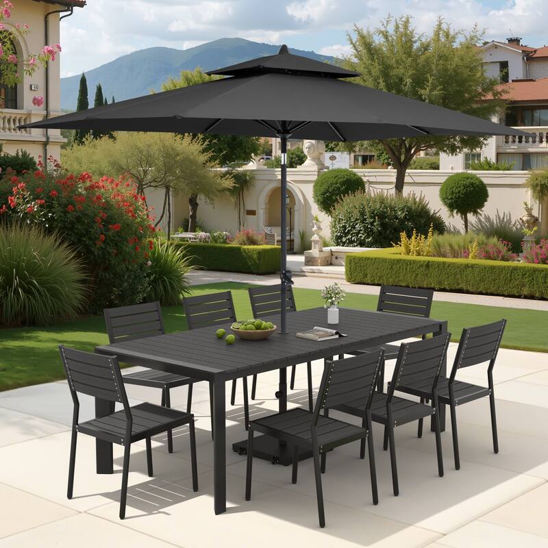 9/11-Piece Outdoor Dining Set Aluminum Table and Stackable Chairs w/10 ft Umbrella and Base