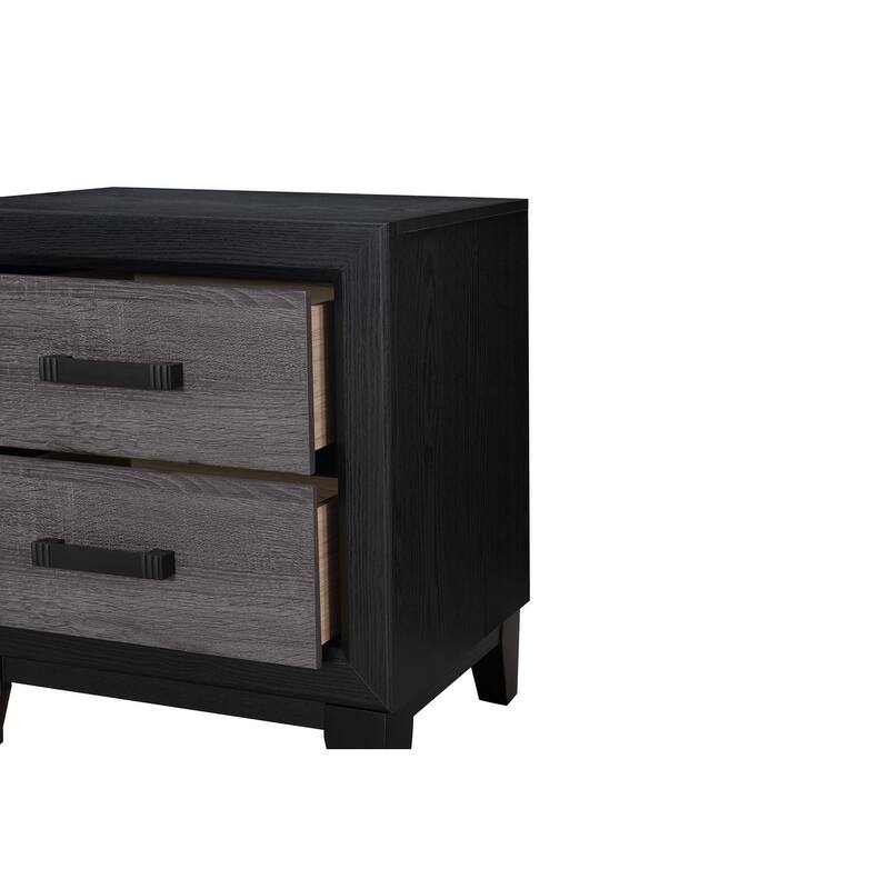Grey and Black Nightstand with Rustic Wood Inlay and Sleek Metal Hardware