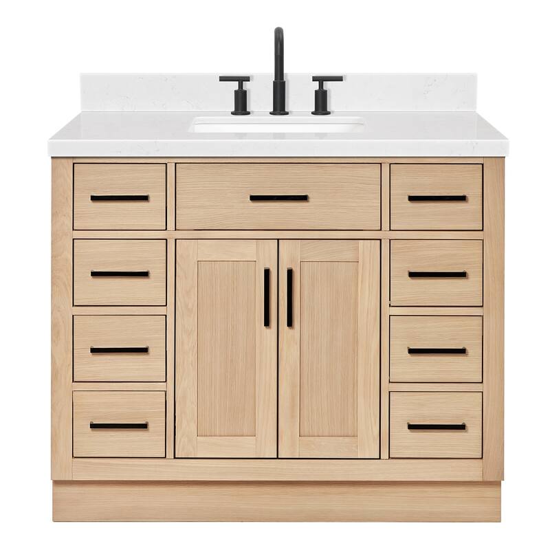 Ariel T042SCQRVO Hepburn 43" Free Standing Single Basin Vanity Set - Oak / Carrara White Quartz Top / Matte Black