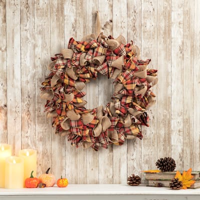 Glitzhome Fall Fabric Plaid Wreath or Garland Thanksgiving Decor