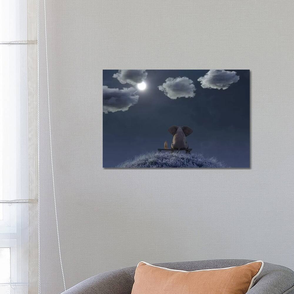 iCanvas "Elephant And Dog Are Sitting On A Meadow On A Moonlit Night" by Mike Kiev Canvas Print
