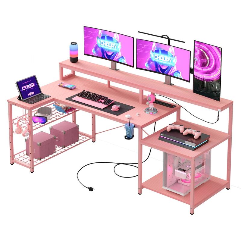 Bestier 71.5“” Computer Desk with Power Outlets, L Shaped LED Home Office Desk with Long Monitor Stand and Cup Holder & Hooks