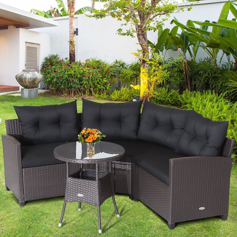 4 Pieces Patio Rattan Furniture Set Cushioned Sofa Glass Table - 49.5" x 23" x 29"