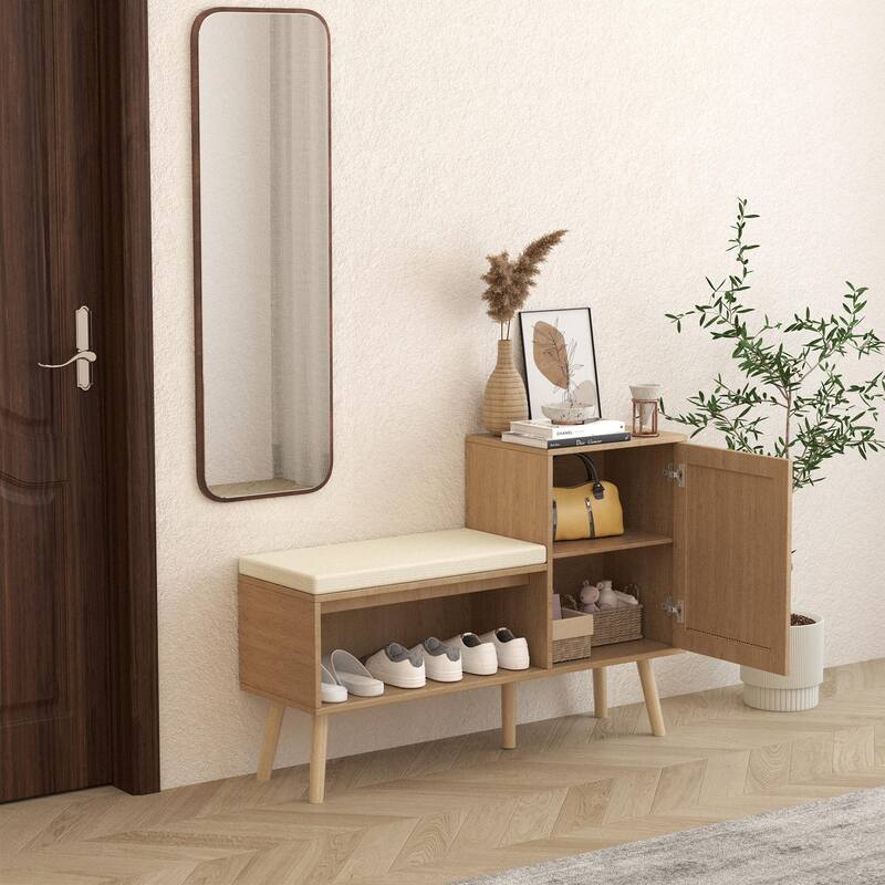 2-in-1 Shoe Storage Bench, Natural Rattan Shoe Cabinet with 2 Adjustable Shelves and Removable Seat Cushion - Antique Natural,Rattan
