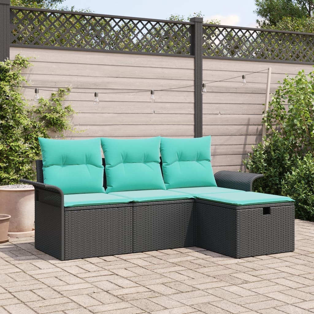 vidaXL 4 Piece Garden Sofa Set with Cushions Black Poly Rattan - 77.2 x 46.1 x 27.2