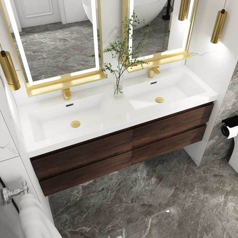 MDF Wall-Mounted Bathroom Vanity Set in Rose Wood with Integrated Culture Marble Sink