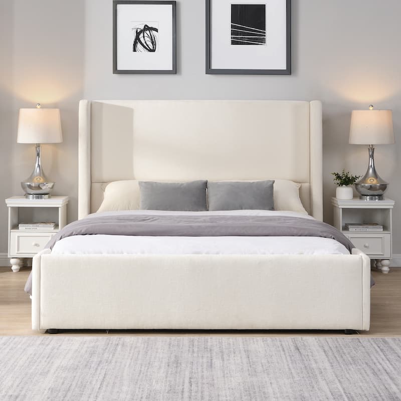 Christopher Knight Home - Isabella Queen White Fabric Upholstered Bed with Tall Wingback Headboard