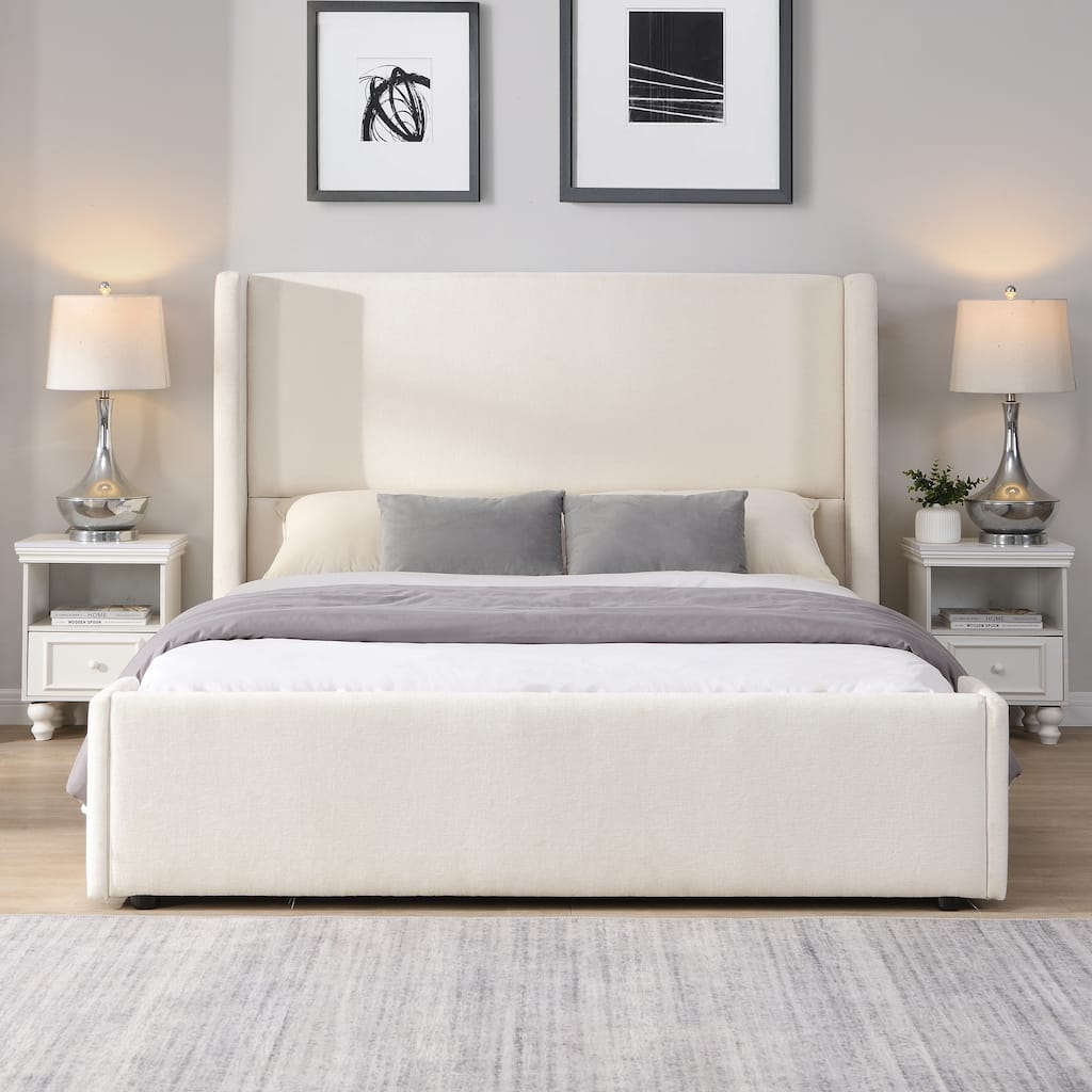 Queen / King White Upholstered Bed with Tall Headboard and Soft Touch Fabric