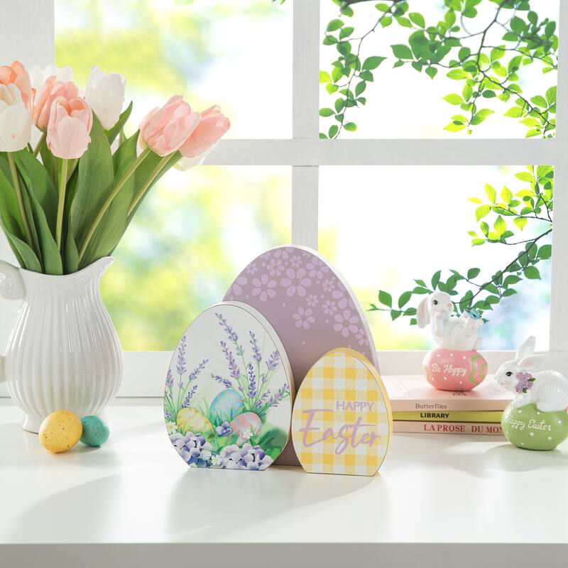 Glitzhome 7.75"/6"H Easter Wooden Patterned Eggs Table Decor Spring Gift - Happy Easter