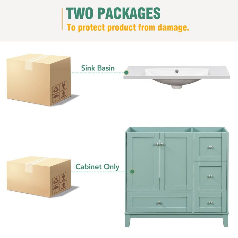 36 Inch Modern Green Bathroom Vanity with USB Charging, Resin Sink, 2 Doors and 3 Drawers